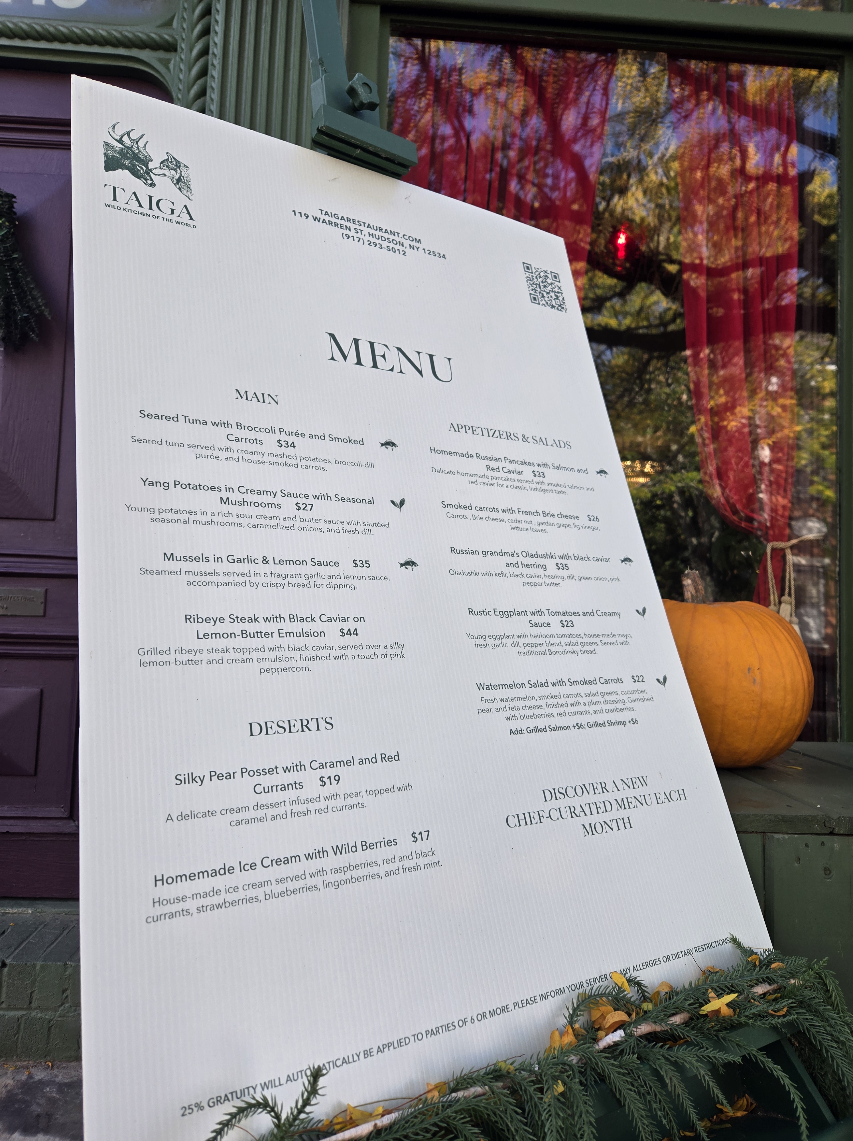 Menu at Taiga Restuarant Hudson NY